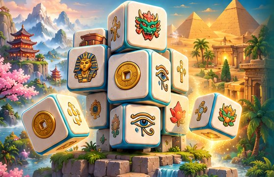 Carved mahjong cubes float between Chinese mountains and the pyramids of Egypt