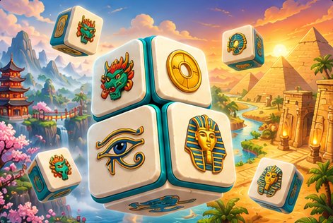 Mahjong cubes with dragon, coin, Eye of Horus and pharaoh tiles between China and Egypt