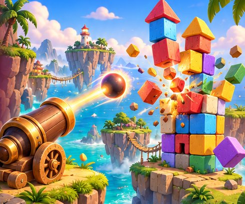 A cannon fires at a tower of colourful blocks on a cliff above the sea
