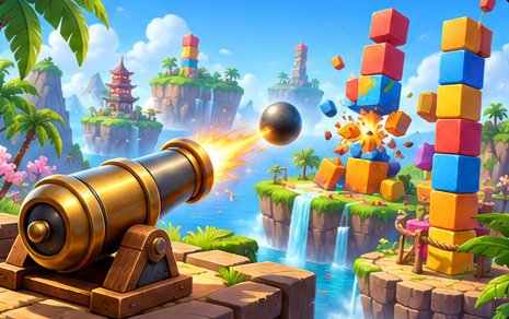 A brass cannon fires at stacks of colourful blocks on jungle islands