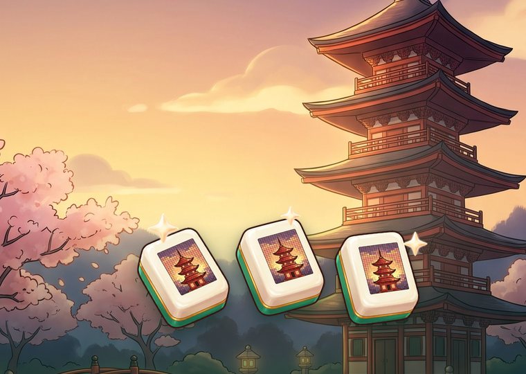 Three glowing mahjong tiles in front of a pagoda and cherry blossoms at sunset
