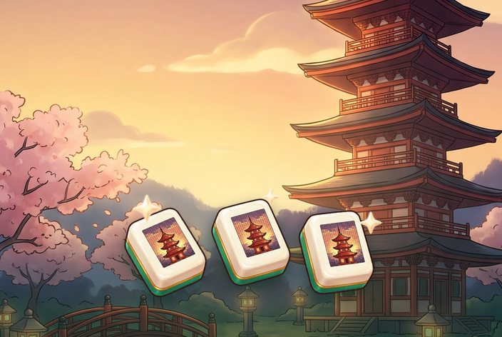 Mahjong tiles with a pagoda picture glow in a Japanese garden at sunset